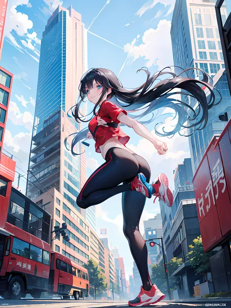 anime girl running in the city streets, buildings in the background, clear blue sky, beautiful sunlight, (1girl), long black hair, blue eyes, red sports shirts, black sports leggings, red sports shoes, smile, beautiful anime artwork, ultrasharp, masterpiec...