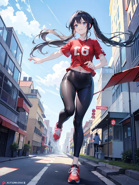 anime girl running in the city streets, buildings in the background, clear blue sky, beautiful sunlight, (1girl), long black hair, blue eyes, red sports shirts, black sports leggings, red sports shoes, smile, beautiful anime artwork, ultrasharp, masterpiec...