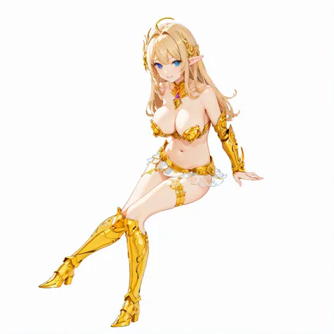 ​masterpiece、top-quality、ighly detailed、hight resolution、１６ｋ、fullnude、teats、Boob proportions、golden armour、Very thin skirt、Full body like、Very white skin、Beautiful fingers、Anime girl with very big breasts posing naked、Perfect Style、elvish、no-bra、Blonde blu...