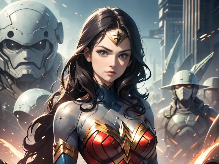 a close up of a woman in a costume with a bunch of aliens, james jean soft light 4 k, wlop : :, art-deco style, portrait of wonder woman, inspired by Noriyoshi Ohrai, trending on artstaion, mechanized soldier girl, sci - fi : :