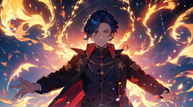 (ultra-detailed, perfect pixel, highres, best quality, beautiful eyes finely detailed), 19 years old boy, have power like demon god in manhwa, full of demonic aura, angry facial expression, red eye color (glowing red eyes), blue hair (half of his hair cove...