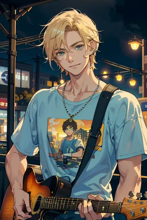 masterpiece, best quality, 1 male, adult, blonde neck length shaggy hair, musician, soft features, grinning happy expression, green eyes, soft eyes, perfectly photorealistic, (white t-shirt) ((modern)), ((modern clothing)), city background, (playing electr...