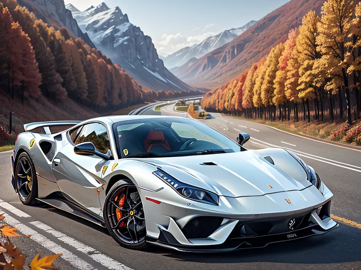 超A high resolution、An ultra-high picture quality、8K、Detailed details、marvelous expression、Late autumn valley、Beautiful autumn leaves、A silver sports car that runs vividly on a mountain road built along the mountain、((Ferrari Maranello))