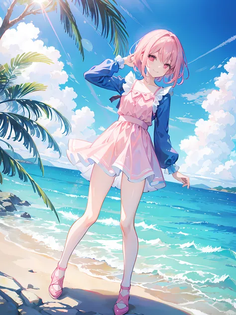 anime girl leaning on a fence, standing next to the ocean, clear water, clear blue sky, beautiful sunlight, (1girl), short pink hair, pink eyes, small breasts, blue long sleeves short dress, blue shoes, white stocking, smile, beautiful anime artwork, ultra...