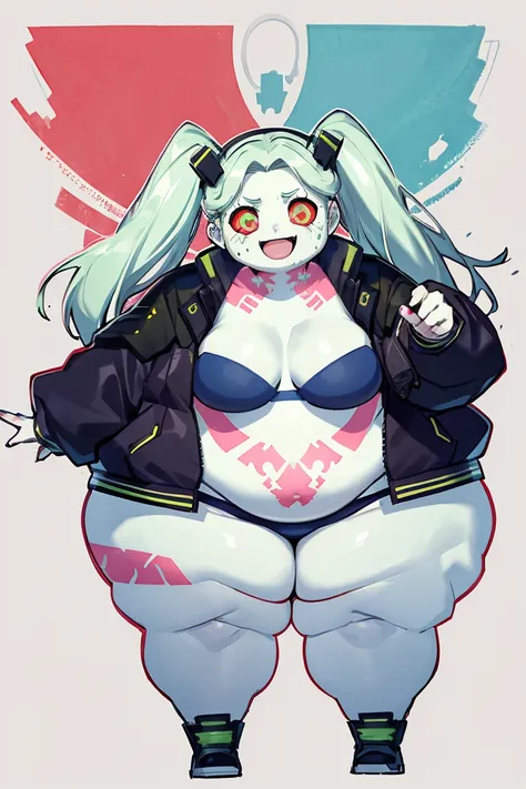 Fat cprebecca, colored skin, white skin, gree hair, twintails, artificial eye, slob body, colored sclera, pink tattoo, red sclera, black jacket, bra, panties, small breasts, thick thighs, big Cheeks, cute and fat face, happy