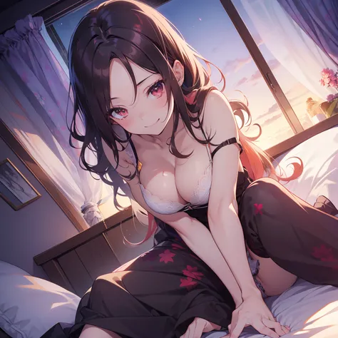 (masutepiece,Best Quality,8K),(extremely detailed CG1.1),teens girl,Smile,large boob,(From below:1.2),Intricate details , Hyper realistic, Perfect Anatomy,A dark-haired,Red Eyes,(((Forehead))),Permed hair with wavy hair,(((length hair))),Hair over one eye,...