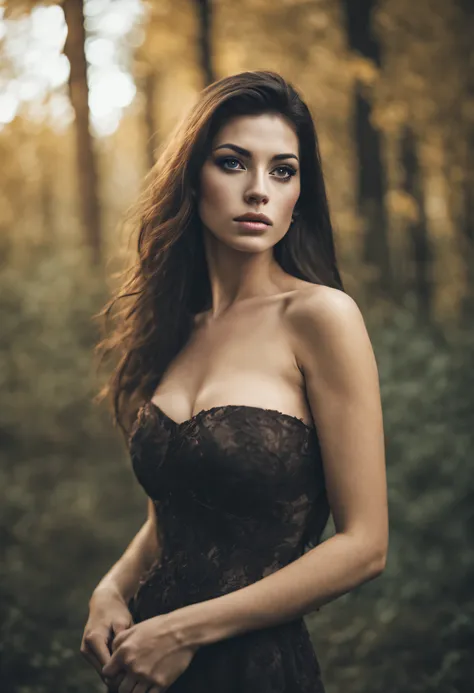 an amazing portrait of a beautiful brunette woman in dark dress, dark brown eyes, dark hair, straight hair, ponytail, great faci...