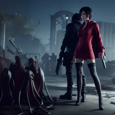 Ada wong, beautiful face, bob hair, perfect Face, wearing mini red rose dress hoody, black nail polish, holding a gun, Look straight