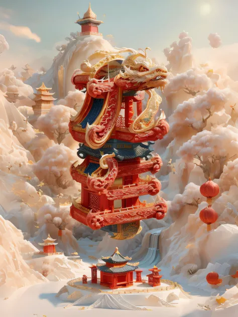 There is a red and gold tower，There is a dragon on it, trend on behance 3d art, trend on behance 3 d art, 3 d render beeple, Highly detailed digital art, highly detailed digital artwork, intricate 3 d illustration, Detailed digital 3D art, beeple |, chines...