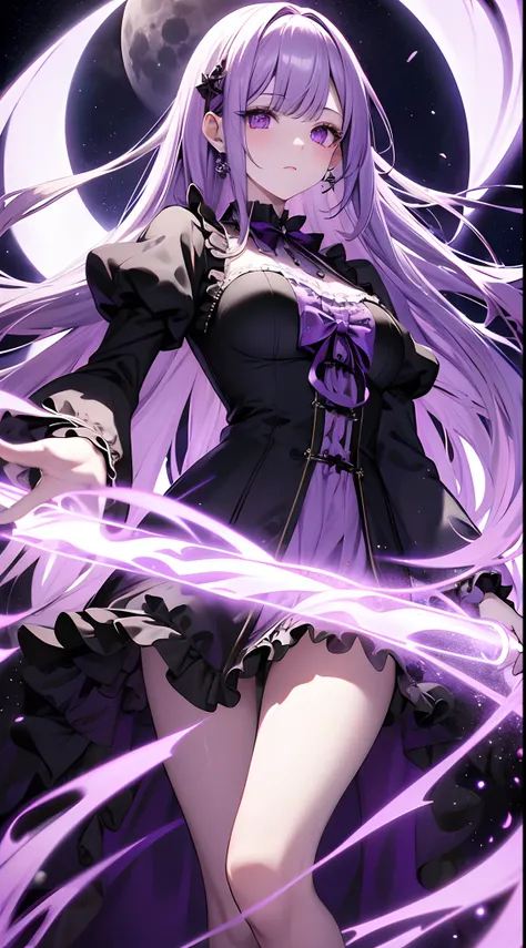 Absurdres,masutepiece, Best Quality, insanely detailed, 1 absolutely beautiful girl,Purple straight hair,Purple eyes,pale skin,white Blouse with ruffles,Black Long Coat,holding Long magic wand,floating,Big full moon background,From below,Hyper realistic, P...