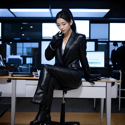 Wearing a black business pantsuit、Office in the Dark、facing a desk、While looking at the screen, tap the keys on the keyboard of the black laptop with the fingertips of the black leather gloves、Sitting on a black leather chair、Black hair ponytail、New beauti...