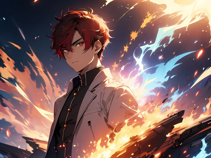 (ultra-detailed, perfect pixel, highres, best quality, beautiful eyes finely detailed), 19 years old boy, have power like demon god in manhwa, full of demonic aura, angry facial expression, red eye color (glowing red eyes), blue hair with aristocrat style ...