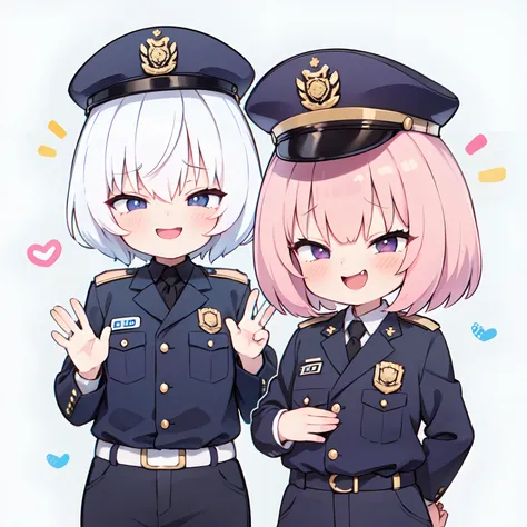 (Best Quality:1.2),(masutepiece:1.2),  multipel Girls,hightquality、hight resolution、High quality、2girls。policewoman。female cop。Lori。mesugaki,policemans cap。(Yuri:0.7),Gray background, Same uniform,mesugaki,pink hair,yellow hair,flat breast,