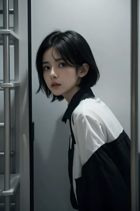 black color hair，White-colored skin，Small-breasted girl，Short height，Black and white prison uniforms，Kept in a separate cell