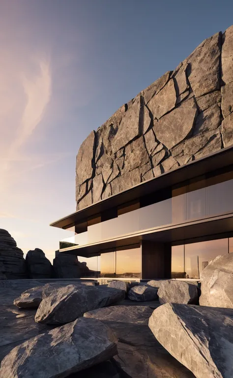 ((masterpiece, best quality)), 8k, modern architecture style, photo realistic, david chipperfield, hyper detailed photo, single box, a digital 3d render of a building,( stone:1.1), leansflare, mountain, tall building, sunset,more detailes