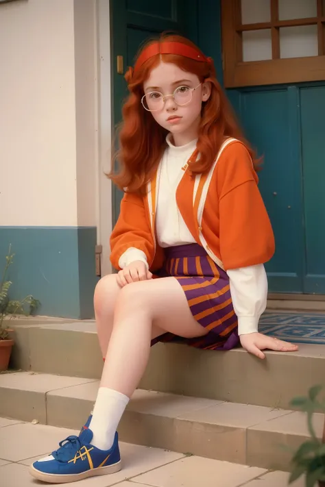 Year: ((1988)). Location: Northern Spain. Pre-raphaelite 13-year-old girl, redhead, freckles, glasses, good girl, school recess, sitting in a step, casual clothes, skirt and jersey, ((("OMITB" cinematography))), ((Wes Anderson style))