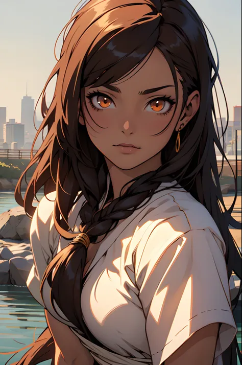 Anime character: Indigenous Brazilian adult woman, Beige dress, Brown skin, Long hair with bangs, sittinng on the river, Masterpiece, Best quality, Detailed skin, Detailed eyes, Orange eyes,8K, good shading, beautiful brush strokes, Detailed background, Go...