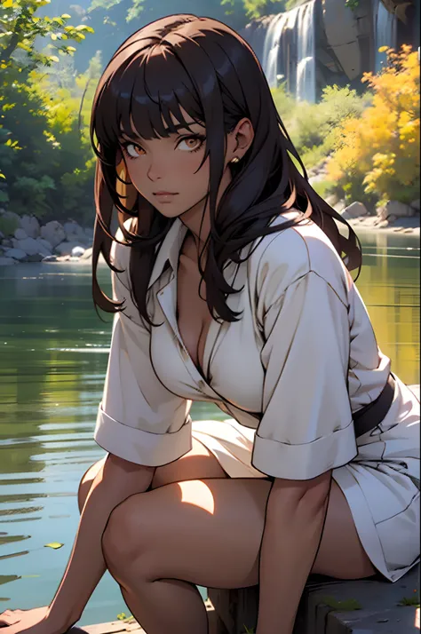 Anime character: Indigenous Brazilian adult woman, Beige dress, Brown skin, Long hair with bangs, sittinng on the river, Masterpiece, Best quality, Detailed skin, Detailed eyes, Orange eyes,8K, good shading, beautiful brush strokes, Detailed background, Go...