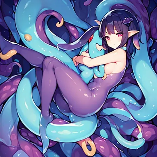 ((NSFW100))、(((full body seen)))、(((Flat))), (((busty girl)))、(((short dark hair))), (((the eyes are golden)))、((Dressed as a blue slimy tentacle maid))、(Slimy skin)、((With an ecstatic look))、(The legs are made of slimy tentacles)、(The arms are made of sli...