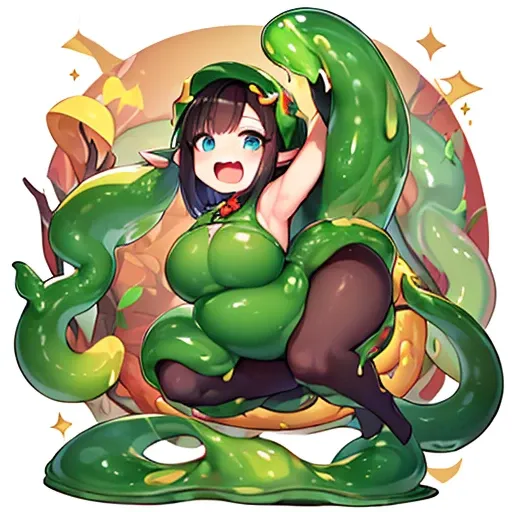 ((NSFW100))、(((full body seen)))、(((Flat))), (((busty girl)))、(((short dark hair))), (((the eyes are golden)))、((Dressed as a dark green slimy tentacle maid))、(Slimy skin)、((With an ecstatic look))、(The legs are made of slimy tentacles)、(The arms are made ...