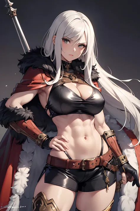 Barbarian Queen, Athletic woman, Strong muscles, Slender figure, covered in furs and leather, European appearance, Adult Stern Face, curls, short stature, Authentic clothing, A huge, gigantic, disproportionately large weapon, posing for a painting, proud l...