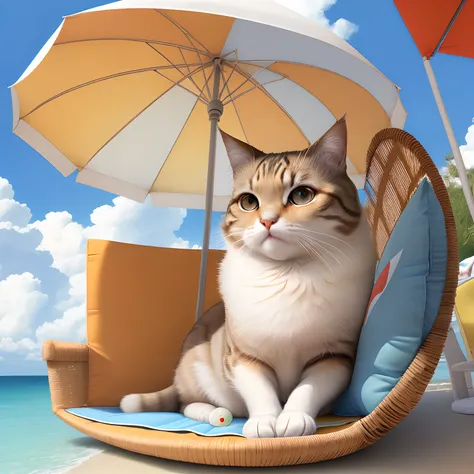 Chat dans son coussin avec des lunettes de soleil et parasol de plage