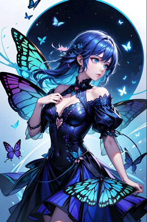 There was a woman in a dress surrounded by butterflies, Glowing blue butterfly, Butterflies float in the sky, Butterflies, author：Han Gan, Glowing butterflies, by Yang J, butterflies flying, personal profile picture, inspired by Ross Tran, loish and ross t...