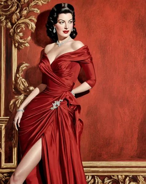 avagardner Best quality, masterpiece, ultra high res, (photorealistic:1.4), 1girl, a woman in a red dress posing for a picture in a room with a wall and a painting behind her