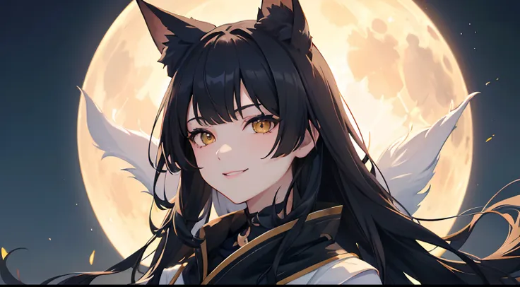 masterpiece, best quality, 1girl, black hair, ,yellow eyes, kitsune, fox ears, moon background, big moon, smiling, detailed eyes...