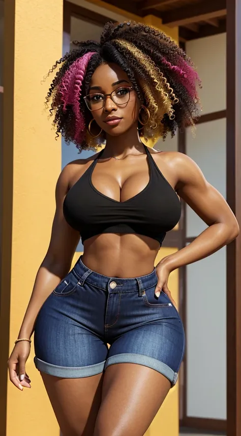 Nerd black girl with cleavage and confident and humble appearance. wearing a crop top with her midriff exposed and tight, tight shorts. Her body is perfect, her breasts are large and proportionate to her body, her legs are shapely and her buttocks are larg...