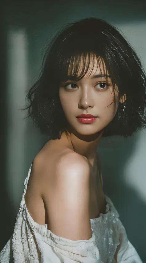 Best quality, masterpiece, ultra high res, (photorealistic:1.5), raw photo, 1girl, offshoulder, in the dark, deep shadow, low key, cold light, sexy look, short hair, from front shot