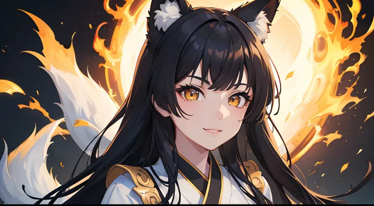 masterpiece, best quality, 1girl, black hair, ,yellow eyes, kitsune, fox ears, matsuri, fire, smiling, detailed eyes, detailed f...