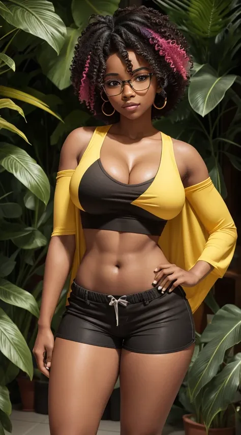 Nerd black girl with cleavage and confident and humble appearance. wearing a crop top with her midriff exposed and tight, tight shorts. Her body is perfect, her breasts are large and proportionate to her body, her legs are shapely and her buttocks are larg...