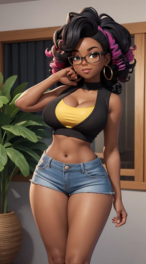 Nerd black girl with cleavage and confident and humble appearance. wearing a crop top with her midriff exposed and tight, tight shorts. Her body is perfect, her breasts are large and proportionate to her body, her legs are shapely and her buttocks are larg...