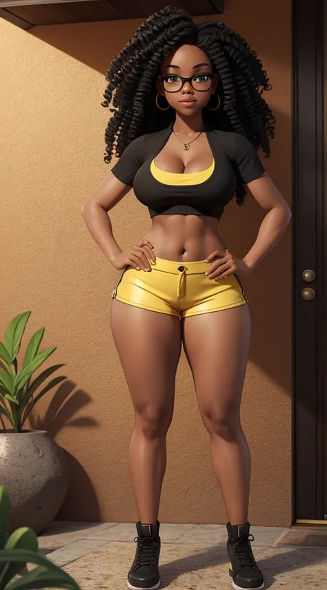 Nerd black girl with cleavage and confident and humble appearance. wearing a crop top with her midriff exposed and tight, tight shorts. Her body is perfect, her breasts are large and proportionate to her body, her legs are shapely and her buttocks are larg...