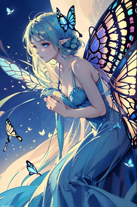 v Masterpiece，Beautiful facial features，A beautiful blue dress，faeries，the elf，There was a woman in a dress surrounded by butterflies, Glowing blue butterfly, Butterflies float in the sky, Butterflies,butterflies flying, inspired by Ross Tran, loish and ro...