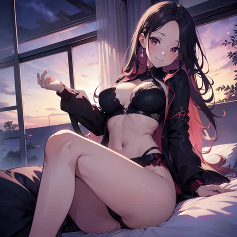 (masutepiece,Best Quality,8K),(extremely detailed CG1.1),teens girl,Smile,large boob,(From below:1.2),Intricate details , Hyper realistic, Perfect Anatomy,A dark-haired,Red Eyes,(((Forehead))),Permed hair with wavy hair,(((length hair))),Hair over one eye,...