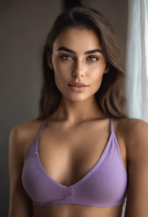 Arafed woman with tank top and donkey panties, fille Sexey aux yeux bruns, Portrait Sophie Mudd, cheveux bruns et grands yeux, selfie of a young woman, Yeux de chambre, Violet Myers, sans maquillage, maquillage naturel, looking straight at camera, Visage a...