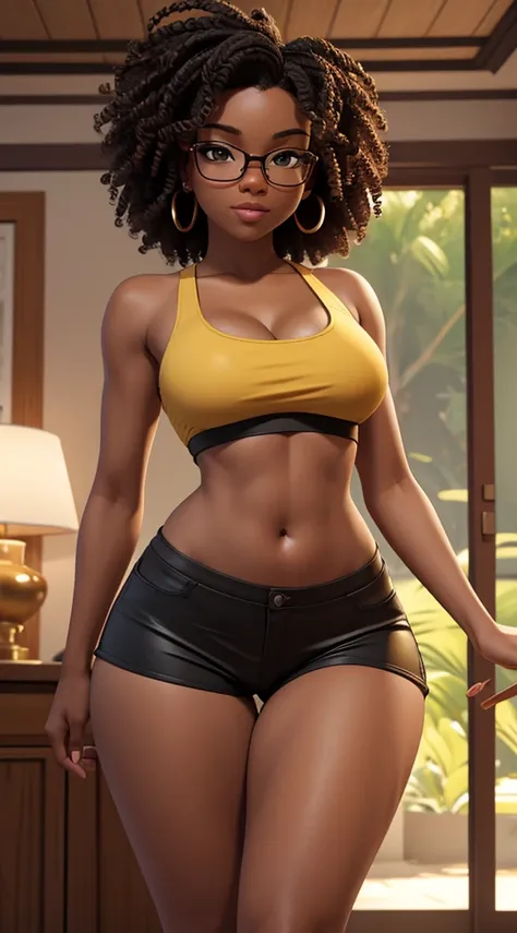 Nerdy black girl in a back pose with cleavage and confident and humble appearance. wearing a crop top with her midriff exposed and tight, tight shorts. Her body is perfect, her breasts are large and proportional to her body, her legs are shapely and her bu...