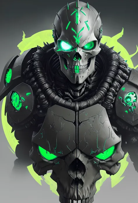 a close up of a skull with green eyes and a helmet, portrait of a cyber skeleton, cyber skeleton, cyberpunk skeleton, heavy metal art style, intricate glowing mecha armor, of spiked gears of war skulls, heavy metal artwork, muscular male undead cyborg, ber...