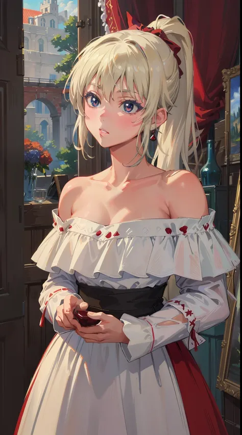 (best quality:1.2),(Masterpiece:1.4),fino bloodstone,1girl,off shoulder,ponytail, cowboy shot,detailed eyes,detailed lips,beautiful face,soft lighting,artistic background,vivid colors,impressionism