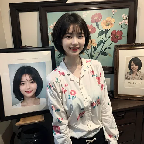 93
(a 20 yo woman,is standing), (A hyper-realistic), (masutepiece), ((short-hair:1.46)), (Smooth black hair), wear long pants, (Wearing a long-sleeved shirt with a floral print), (painterly、picture frame), (Gentle smile), (Keep your mouth shut)