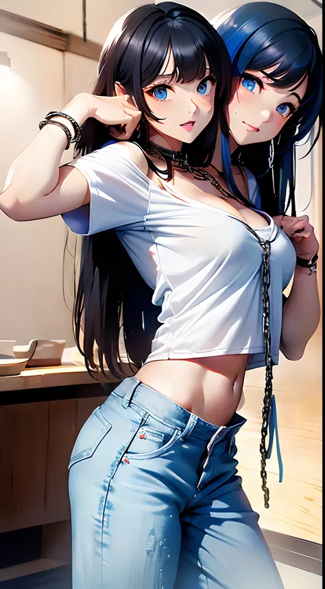 (masterpiece, best quality), best resolution, (2heads:1.5), 1girl, two-headed girl with((18year old, two heads, tattered clothing, white tube top, Black short-sleeved hoodie, White pants, Best Bust, Bust 85, extremely long black hair on both heads, Blue ey...