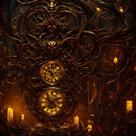 Clock Demon, Gold clock, Spooky atmosphere, Spooky creatures, ominous, Goddess of Doom, Decaying creatures, UHD, super detail, high quality, highres, award winning, high details, masterpiece