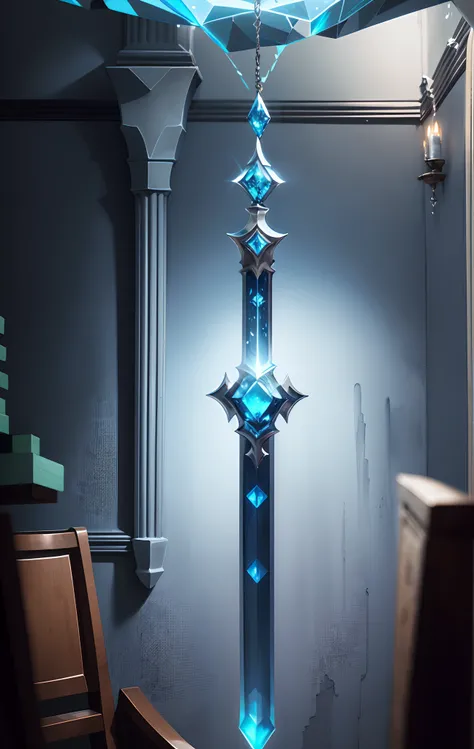 The blade of the Minecraft Enchanted Blue Diamond Sword is stuck upside down in the gloomy room to the left