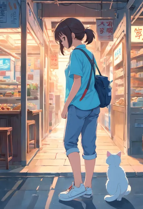 A young girl wears a blue shirt，Sneakers white，Jeans trousers light blue side a little back with a cat in hand