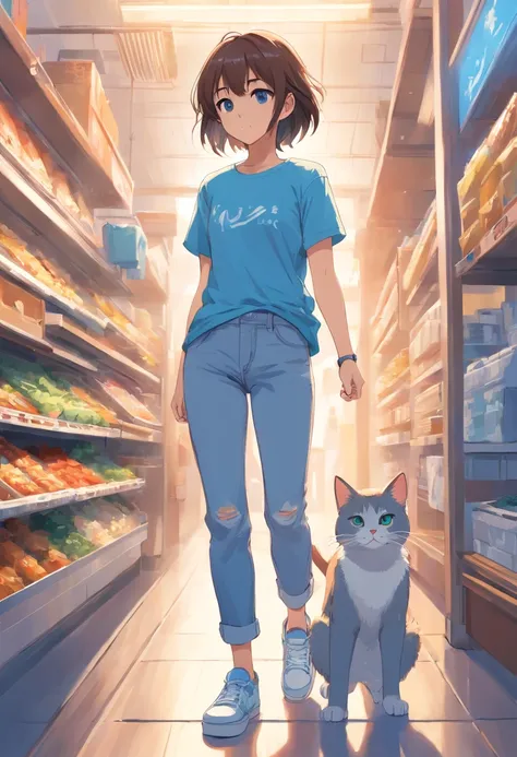 A young girl wears a blue T-shirt，Sneakers white，Jeans trousers light blue side a little back with a cat in hand