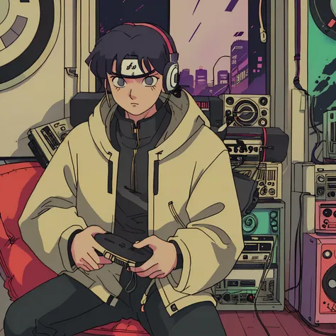 shot of a naruto listening to music with headphone in vinyl record shop, text large (why you), super detail, retro wave, cyberpu...