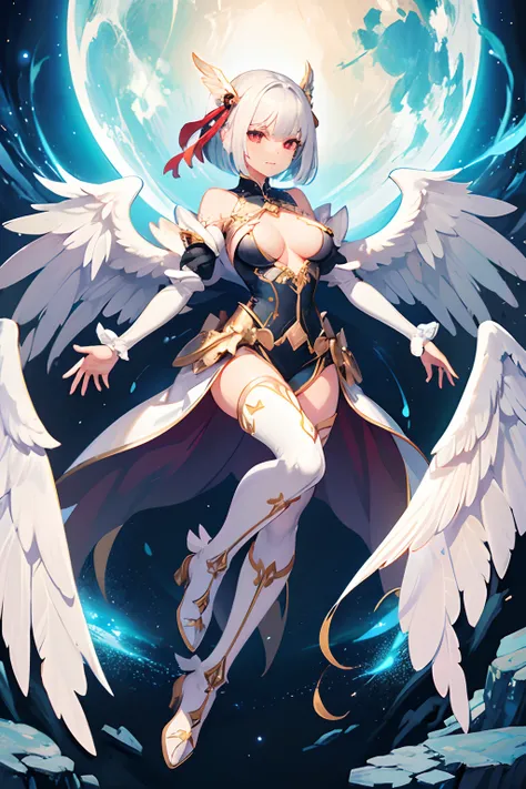 Extremely detailed, (Fantasy:1.2), 1womanl, Solo, 20yr old, medium breasts, Deities々with wings,War Maiden、 cleavage, White long boots, beautiful detailed face and eyes,  Silvery hair,  (side parted, bob cuts:1.2),Red Eyes,(Slim body), (elbowgloves) , (Full...