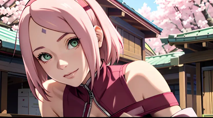 masterpiece， 1girll， sakura haruno， large breasts，off-the-shoulder attire，（cleavage)，（upperbody closeup)，raised sexy，is shy，smil...